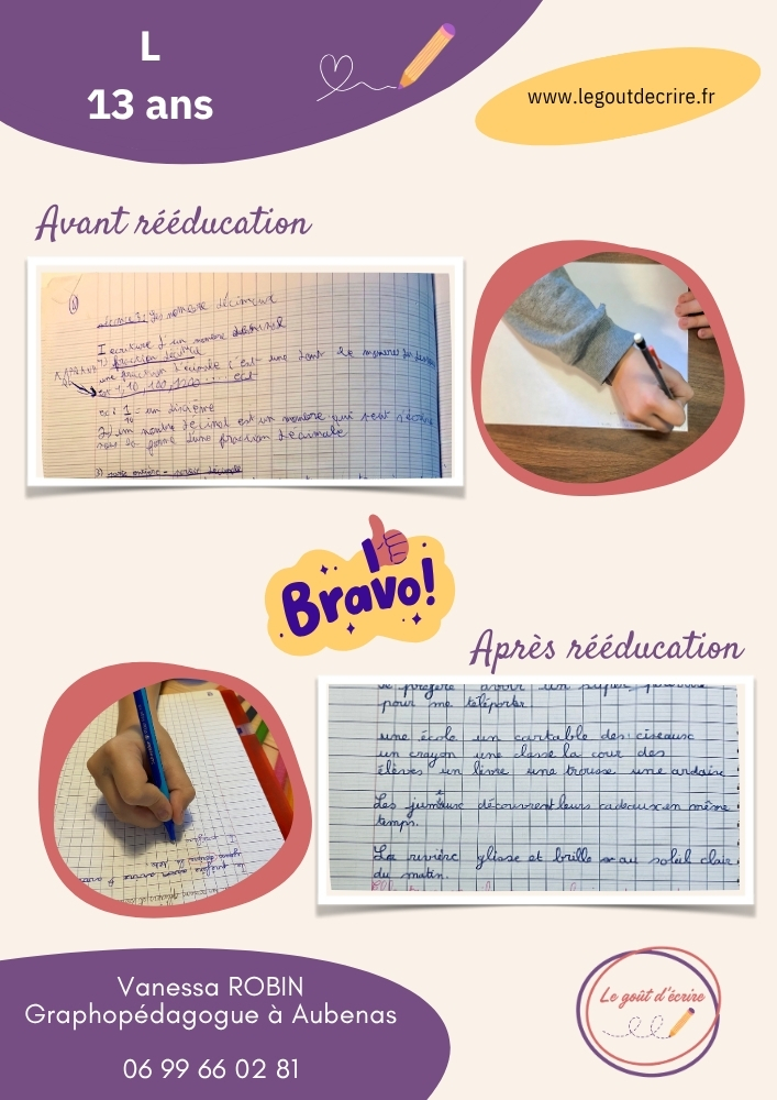 Les progrès de L. 13 ans, après 7 séances de rééducation...